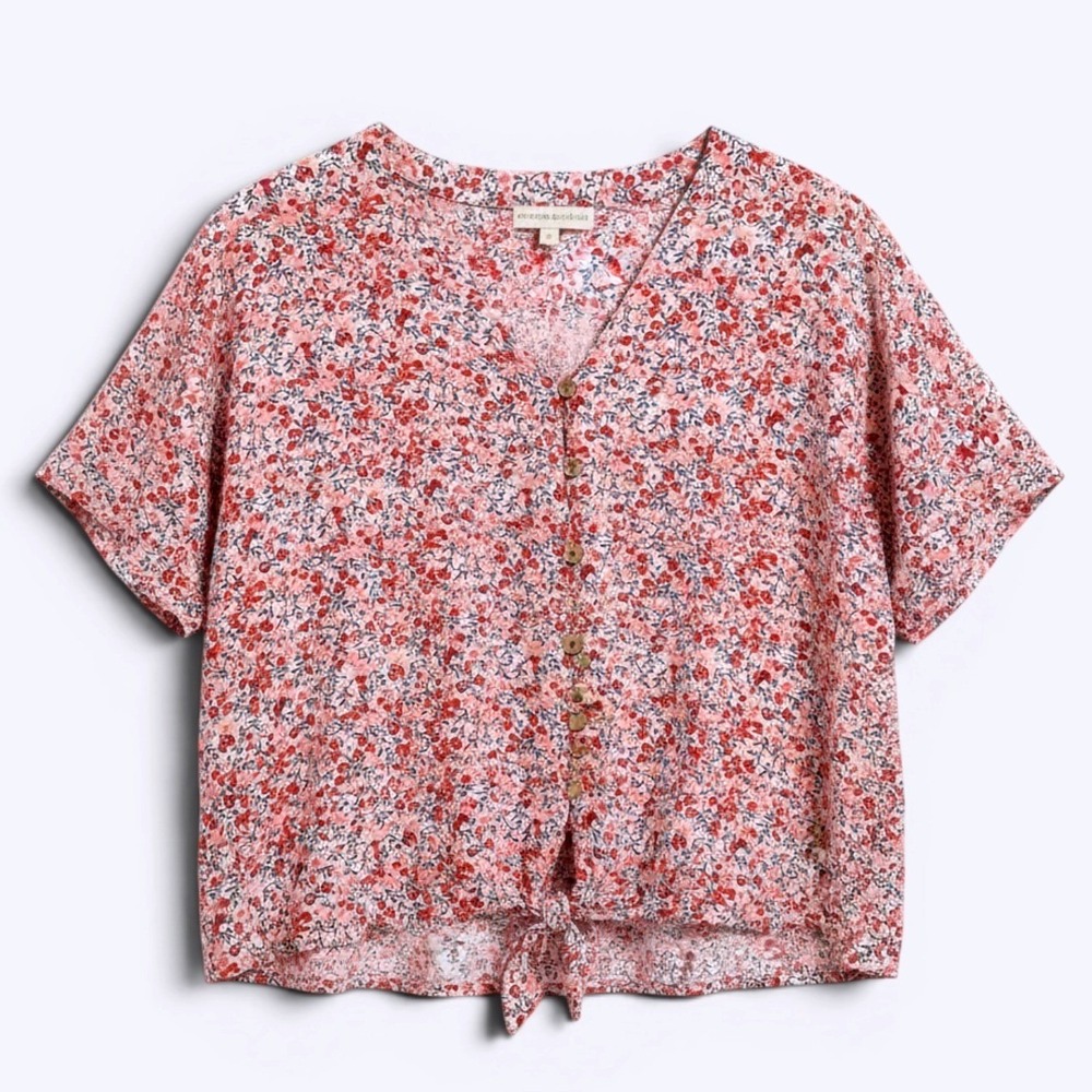 Cynthia Rowley Blouse Womens Large Pink Floral Button Front Tie Waist Summer Top